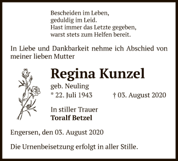 Traueranzeige von Regina Kunzel von UEL