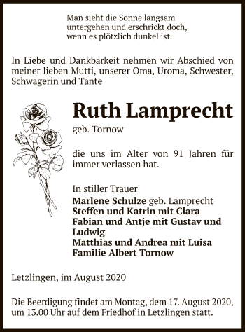 Traueranzeige von Ruth Lamprecht von UEL