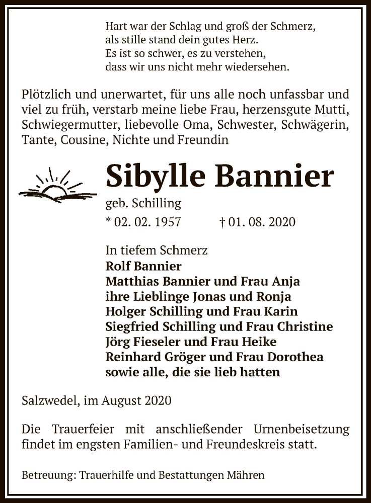  Traueranzeige für Sibylle Bannier vom 05.08.2020 aus UEL