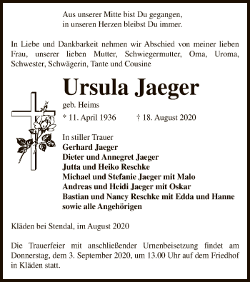 Traueranzeige von Ursula Jaeger von UEL