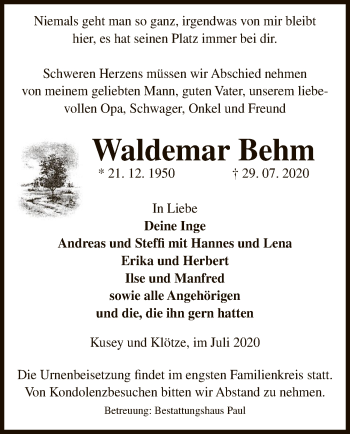 Traueranzeige von Waldemar Behm von UEL