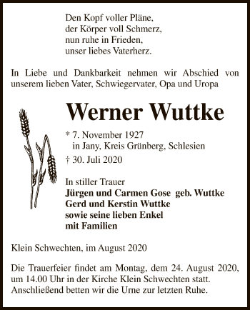 Traueranzeige von Werner Wuttke von UEL