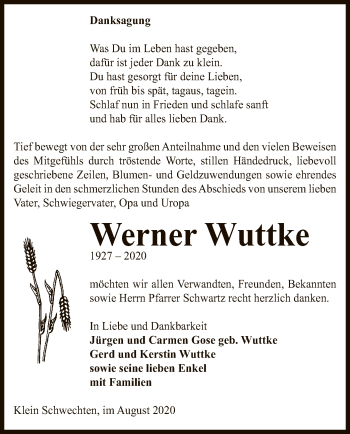 Traueranzeige von Werner Wuttke von UEL