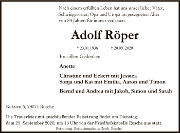 Traueranzeige von Adolf  Röper von UEL