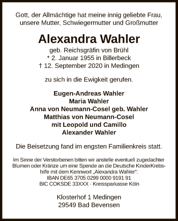 Traueranzeige von Alexandra Wahler von UEL