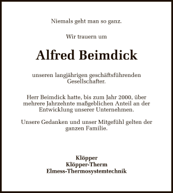 Traueranzeige von Alfred Beimdick von UEL