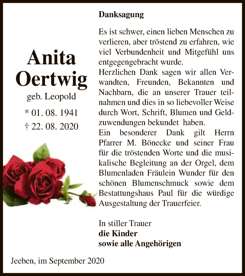  Traueranzeige für Anita Oertwig vom 19.09.2020 aus UEL