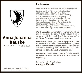 Traueranzeige von Anna Johanna Bauske von UEL