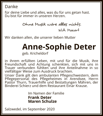 Traueranzeige von Anne-Sophie Deter von UEL