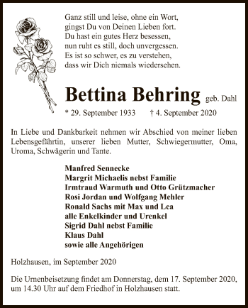 Traueranzeige von Bettina Behring von UEL