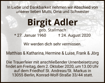 Traueranzeige von Birgit Adler von UEL