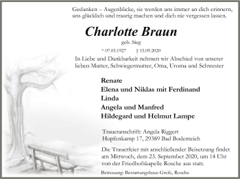 Traueranzeige von Charlotte Braun von UEL