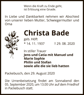 Traueranzeige von Christa Bade von UEL