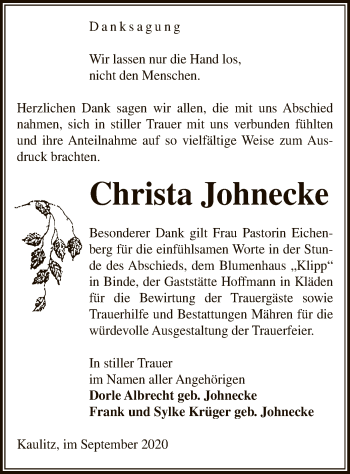 Traueranzeige von Christa Johnecke von UEL