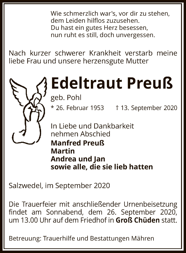  Traueranzeige für Edeltraut Preuß vom 15.09.2020 aus UEL