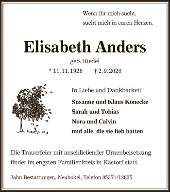 Traueranzeige von Elisabeth Anders von UEL