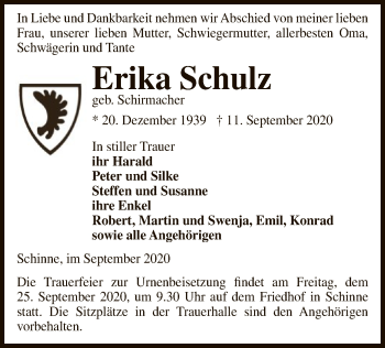 Traueranzeige von Erika Schulz von UEL