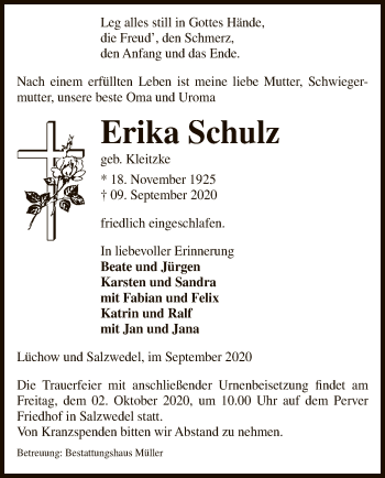 Traueranzeige von Erika Schulz von UEL