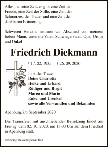 Traueranzeige von Friedrich Diekmann von UEL