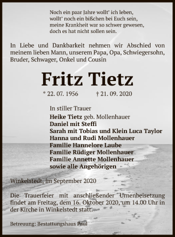 Traueranzeige von Fritz Tietz von UEL