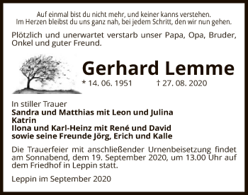 Traueranzeige von Gerhard Lemme von UEL