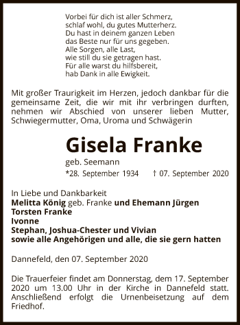 Traueranzeige von Gisela Franke von UEL