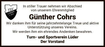 Traueranzeige von Günther Cohrs von UEL