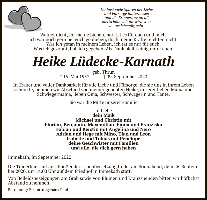  Traueranzeige für Heike Lüdecke-Karnath vom 17.09.2020 aus UEL