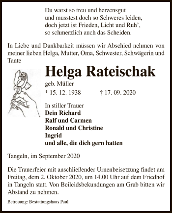 Traueranzeige von Helga Rateischak von UEL