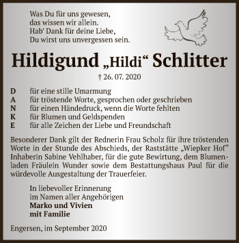 Traueranzeige von Hildigund Schlitter von UEL