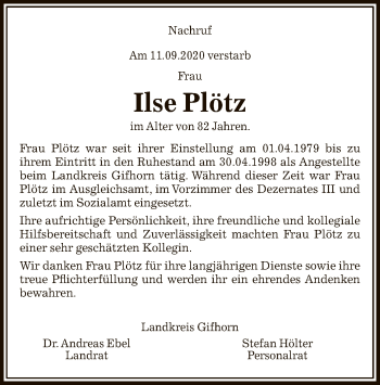 Traueranzeige von Ilse Plötz von UEL