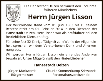 Traueranzeige von Jürgen Lisson von UEL