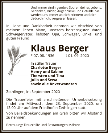 Traueranzeige von Klaus Berger von UEL