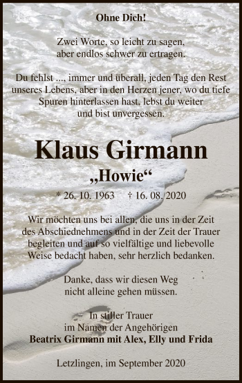 Traueranzeige von Klaus Girmann von UEL