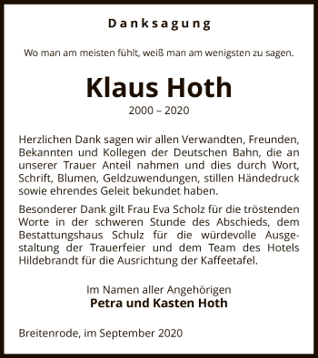 Traueranzeige von Klaus Hoth von UEL
