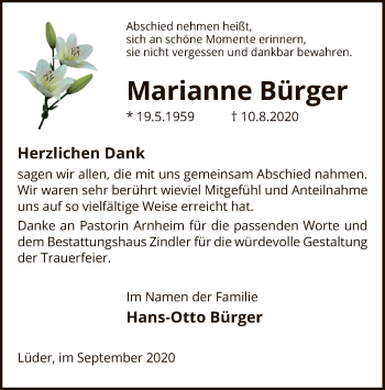 Traueranzeige von Marianne Bürger von UEL