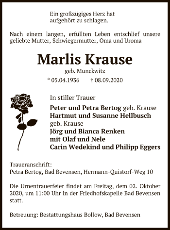 Traueranzeige von Marlis Krause von UEL