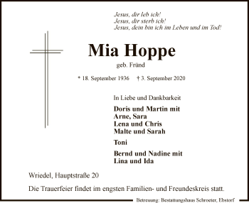 Traueranzeige von Mia Hoppe von UEL