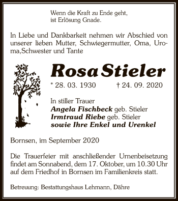 Traueranzeige von Rosa Stieler von UEL