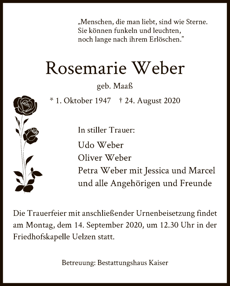  Traueranzeige für Rosemarie Weber vom 08.09.2020 aus UEL