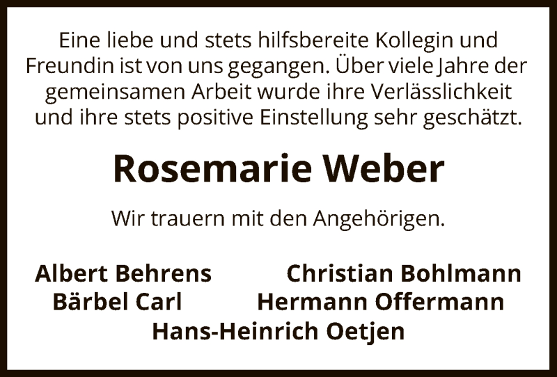  Traueranzeige für Rosemarie Weber vom 09.09.2020 aus UEL