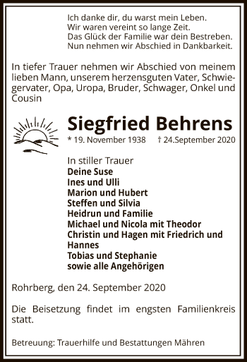 Traueranzeige von Siegfried Behrens von UEL