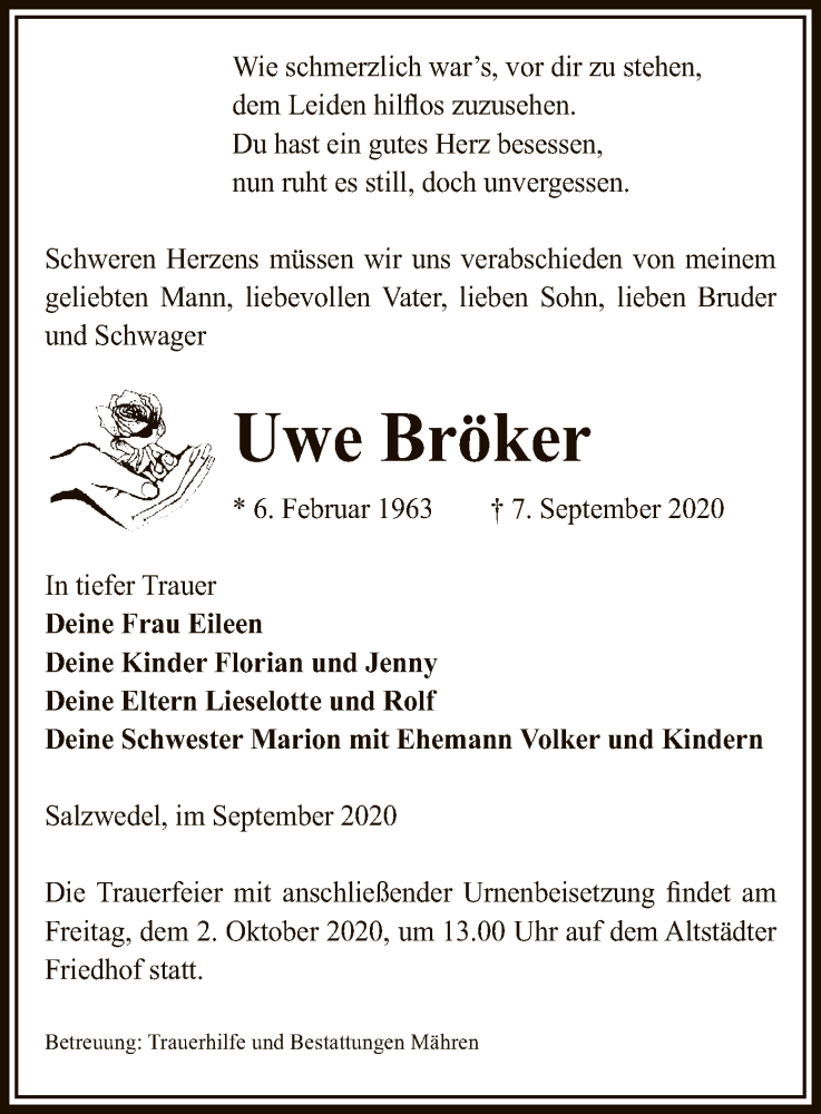  Traueranzeige für Uwe Bröker vom 10.09.2020 aus UEL