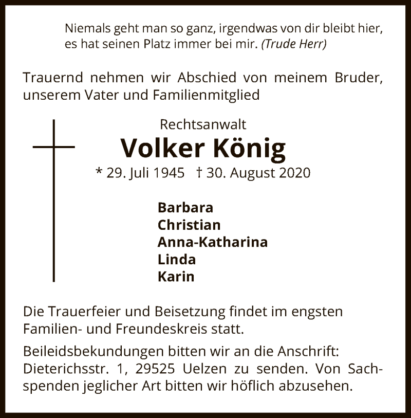  Traueranzeige für Volker König vom 12.09.2020 aus UEL