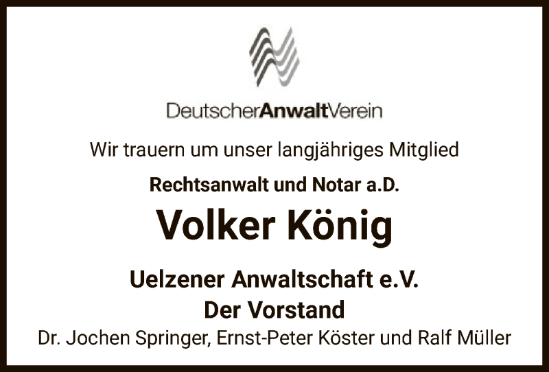  Traueranzeige für Volker König vom 12.09.2020 aus UEL