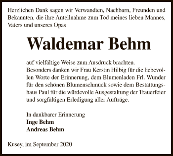 Traueranzeige von Waldemar Behm von UEL