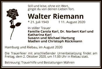 Traueranzeige von Walter Riemann von UEL