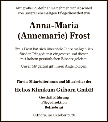 Traueranzeige von Anna-Maria Frost von UEL