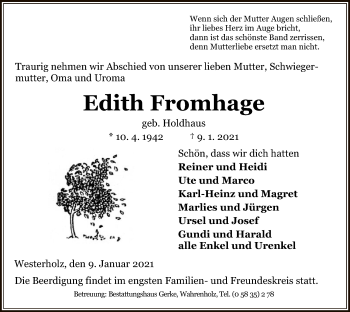 Traueranzeige von Edith Fromhage von UEL