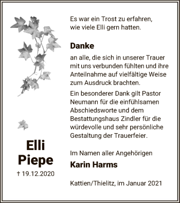 Traueranzeige von Elli Piepe von UEL